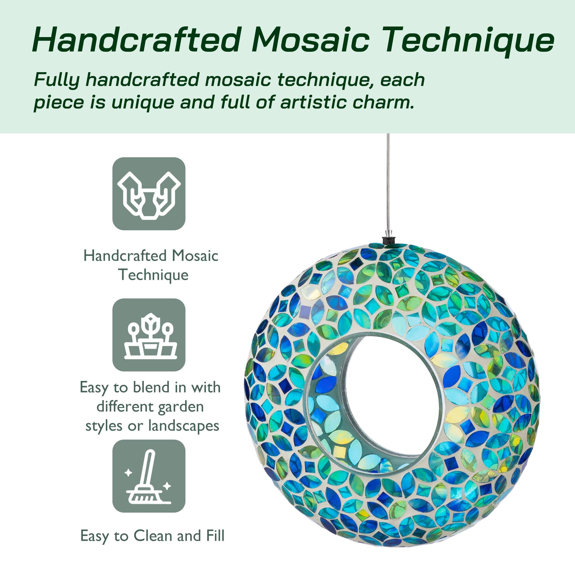 Glitzhome® 8" Glass Round Hanging Blue & Green Mosaic Birdfeeder